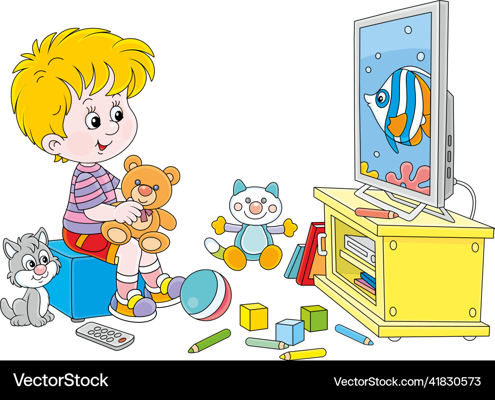 Happy little boy watching tv among toys Happy little boy watching tv among toys vector image