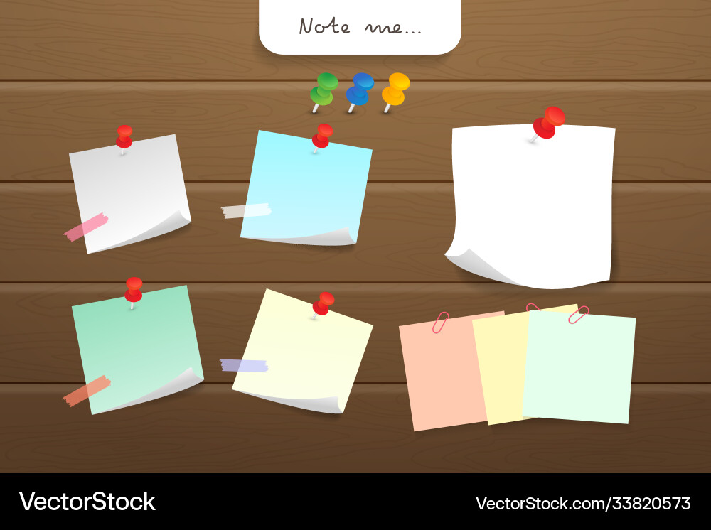 Paper note and office elements reminder object Paper note and office elements reminder object Vector Image