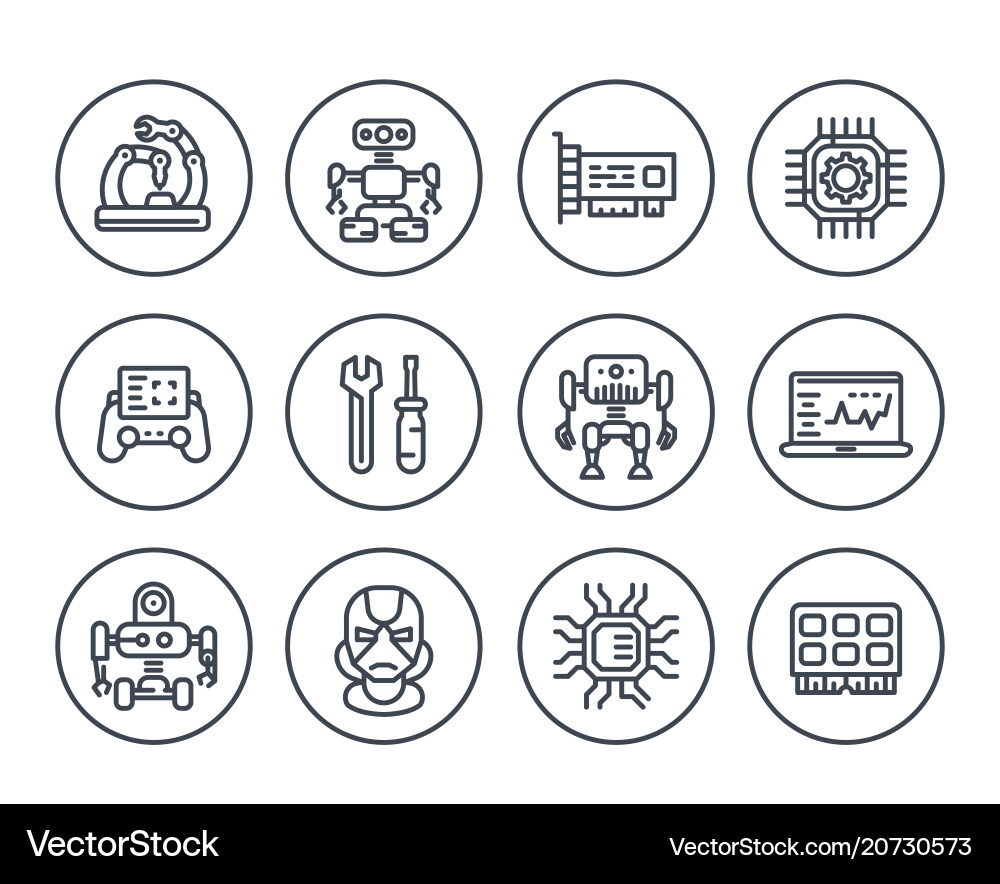 Robotics mechanical engineering robots icons Robotics mechanical engineering robots icons vector image