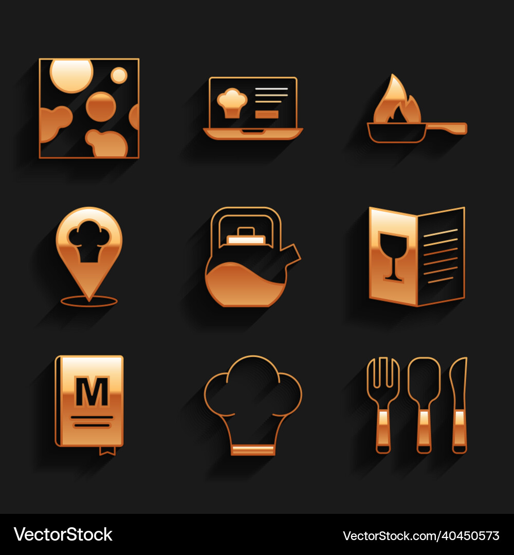 Set kettle with handle chef hat fork spoon Set kettle with handle chef hat fork spoon vector image