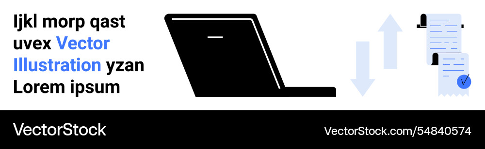 Black laptop with documents and arrows visualizing Black laptop with documents and arrows visualizing vector image