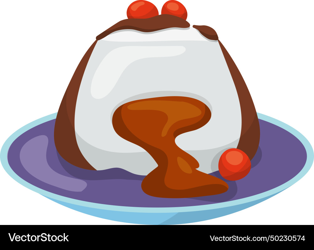 Chocolate lava cake vanilla icing cherries plate Chocolate lava cake vanilla icing cherries plate vector image