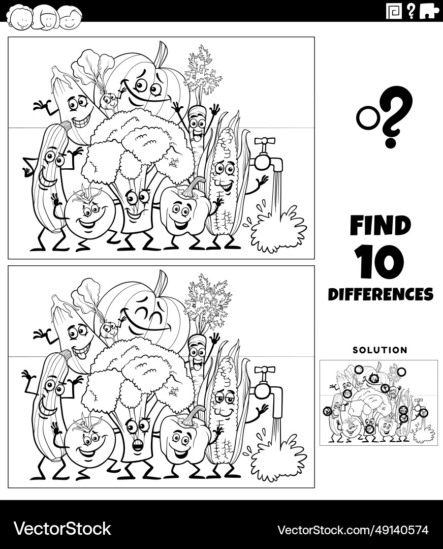 Differences activity with vegetable characters Differences activity with vegetable characters vector image