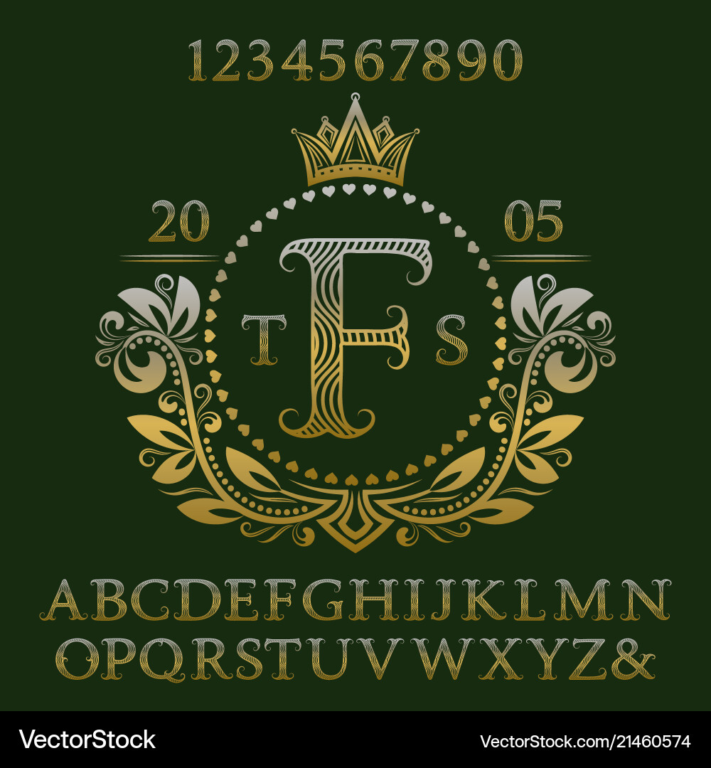 Golden letters and numbers with initial monogram Golden letters and numbers with initial monogram vector image