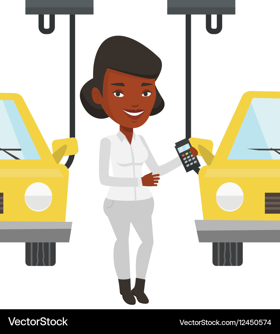 Worker controlling automated assembly line for car Vector Image