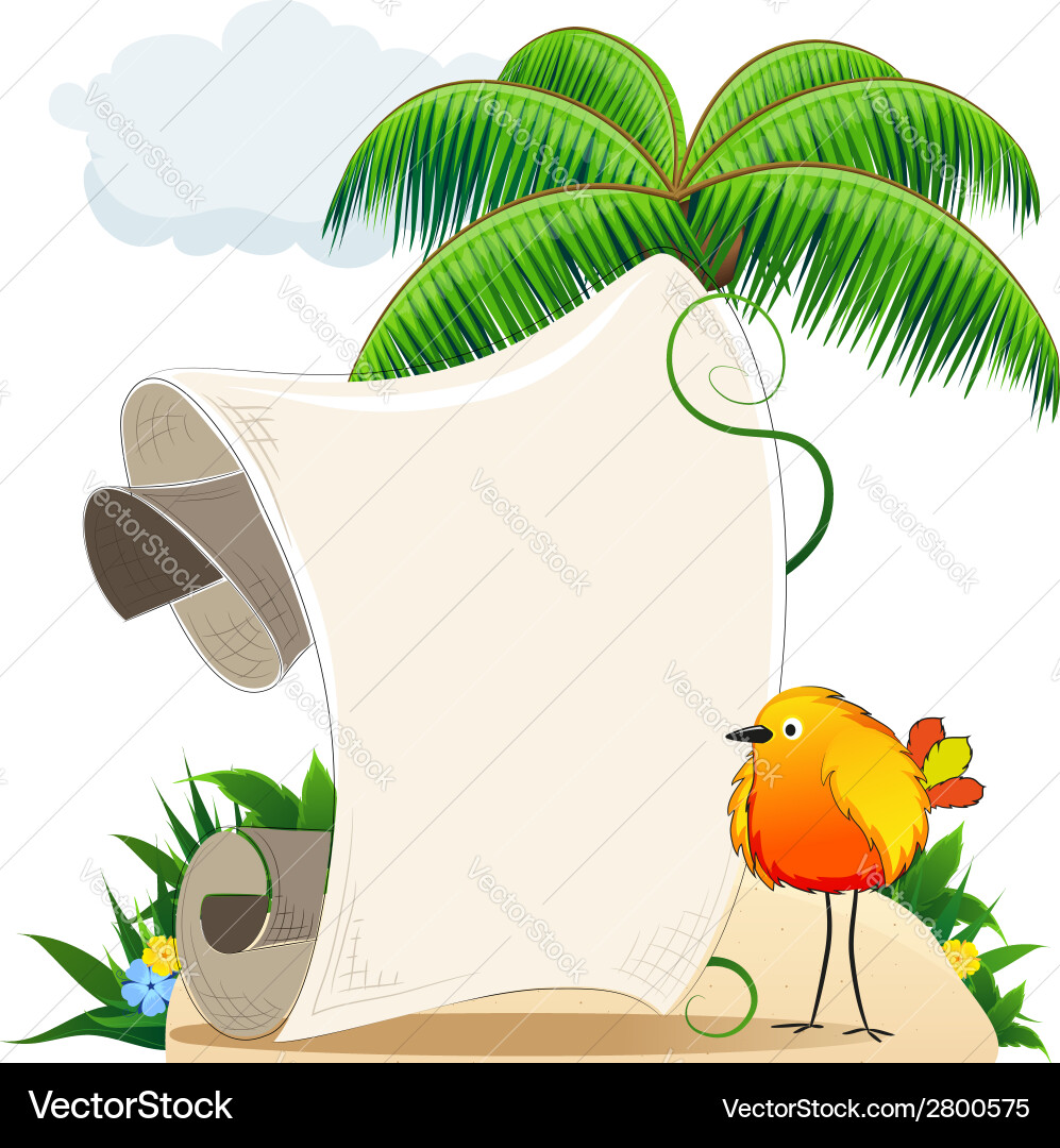 Tropical island with bird and scroll for text Vector Image