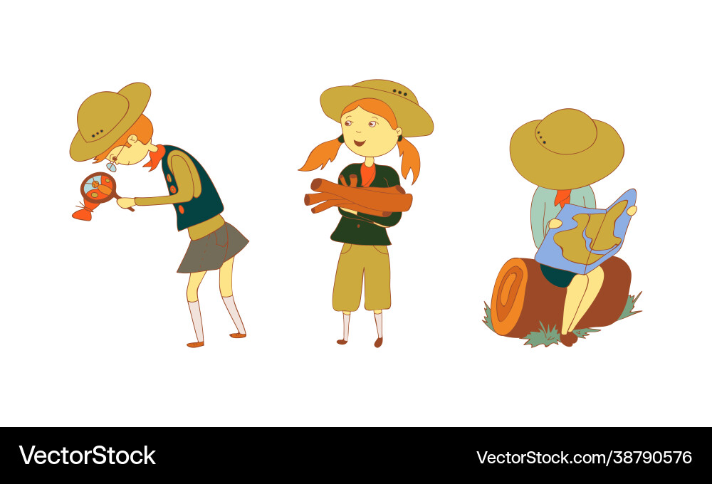 Cute girl and boy junior scout watching map Cute girl and boy junior scout watching map vector image