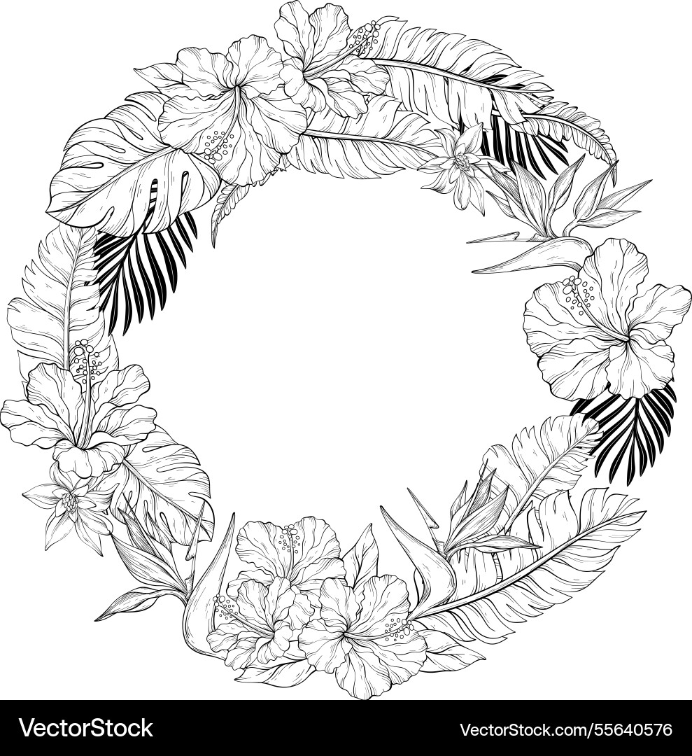 Eine Linie Kunst Rundkranz aus Hibiscus Eine Linie Kunst Rundkranz aus Hibiscus vektorbild