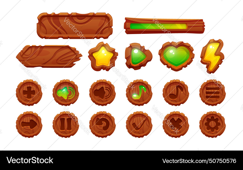 Wooden game ui design elements for videogame menu Wooden game ui design elements for videogame menu Vector Image