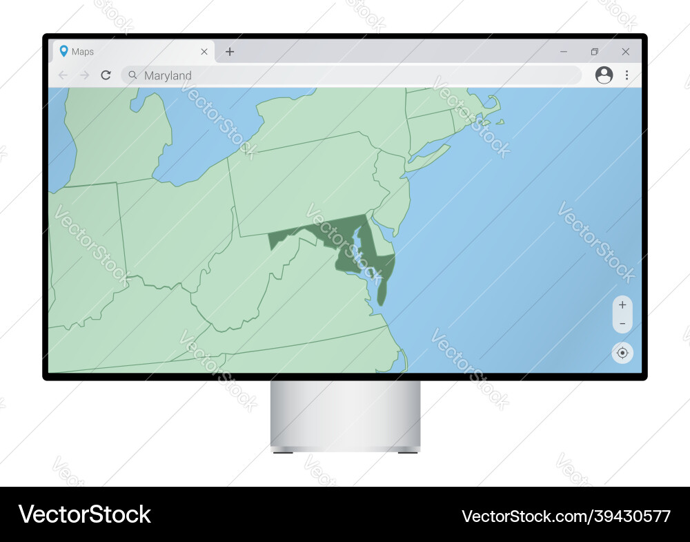 Computer monitor with map of maryland in browser Computer monitor with map of maryland in browser vector image