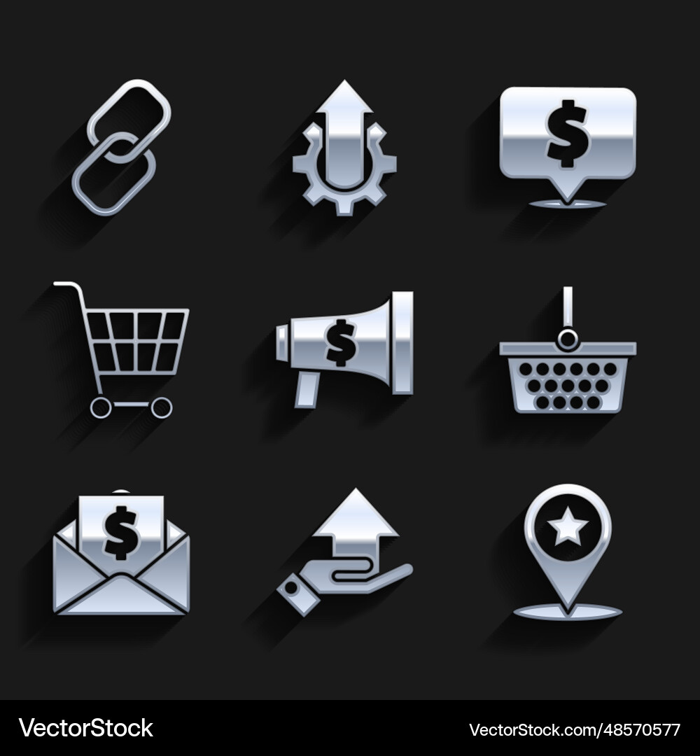 Set megaphone and dollar money hand map pointer Set megaphone and dollar money hand map pointer Vector Image