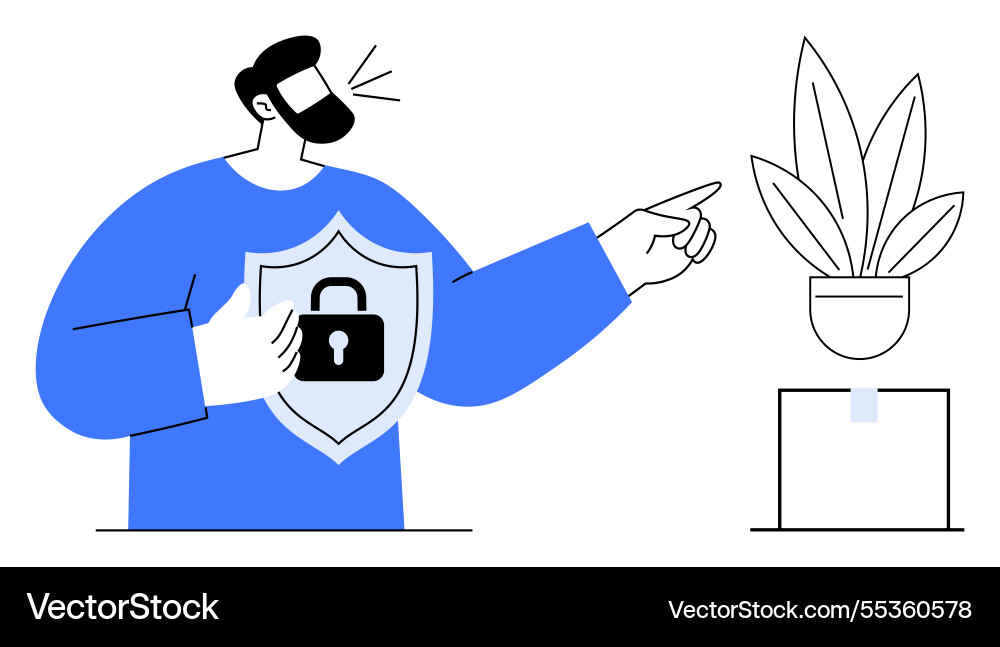 Man holding a shield with lock symbol pointing Man holding a shield with lock symbol pointing Vector Image