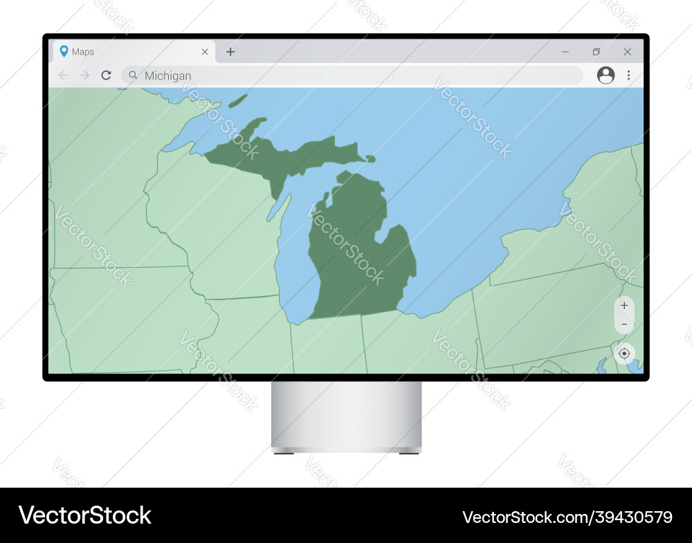 Computer monitor with map of michigan in browser Vector Image