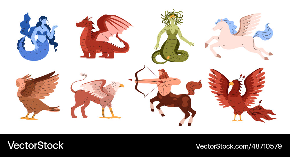 Set of various mythical creatures flat style Set of various mythical creatures flat style vector image