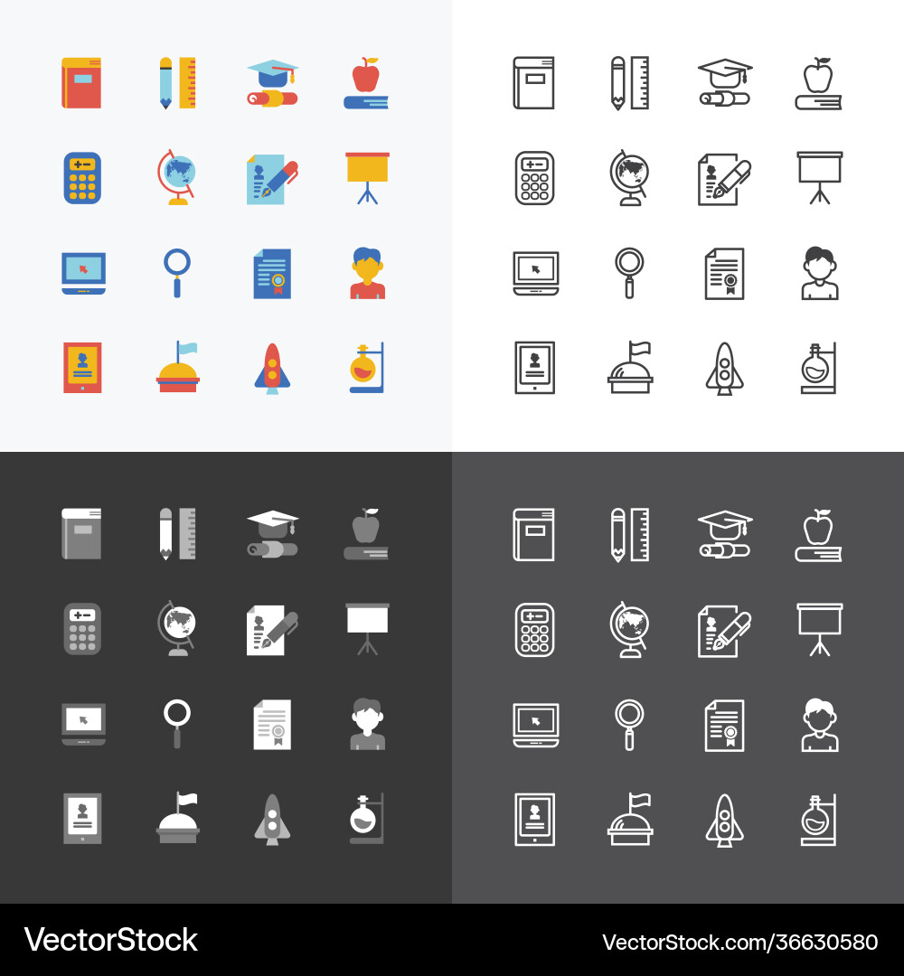 Flat icons set education school tools outline Flat icons set education school tools outline vector image