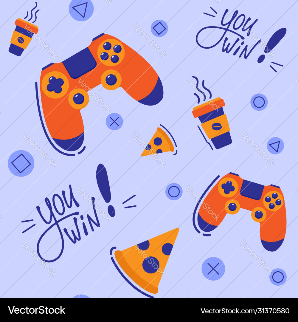 Seamless game pattern with joystick pizza coffee Seamless game pattern with joystick pizza coffee vector image