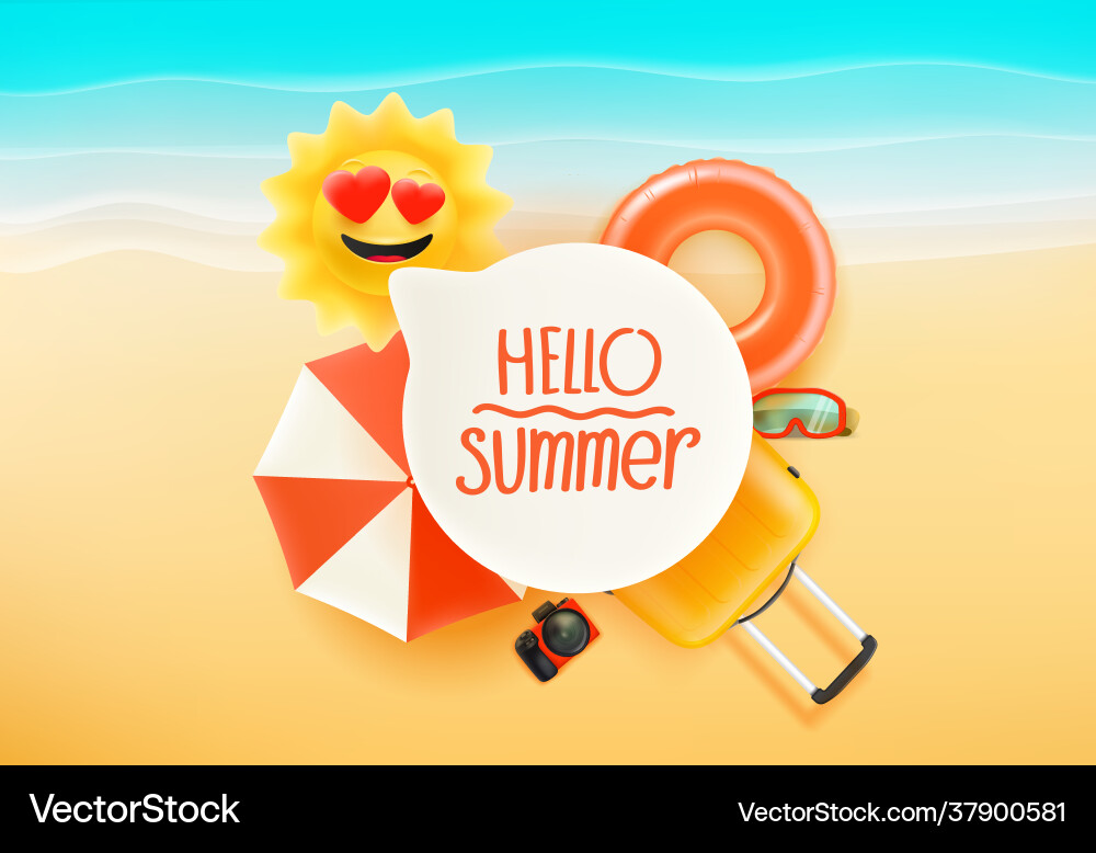 Summer beach rest with stuff hello Summer beach rest with stuff hello Vector Image
