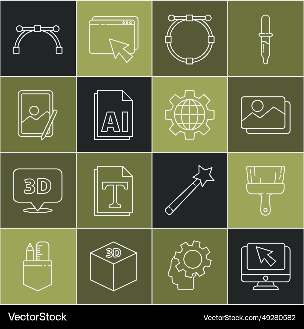 Set line computer monitor and cursor paint brush Vector Image