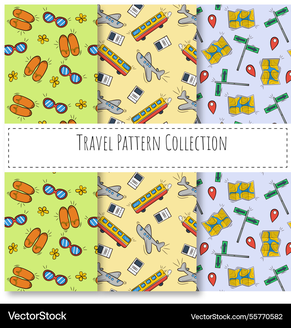 Set of travel patterns with hand drawn objects Vector Image