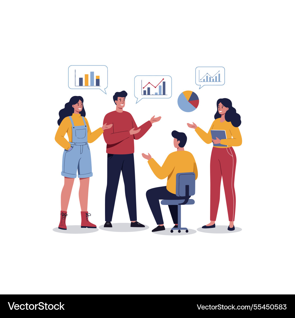 Business team discussing data charts and graphs Business team discussing data charts and graphs Vector Image