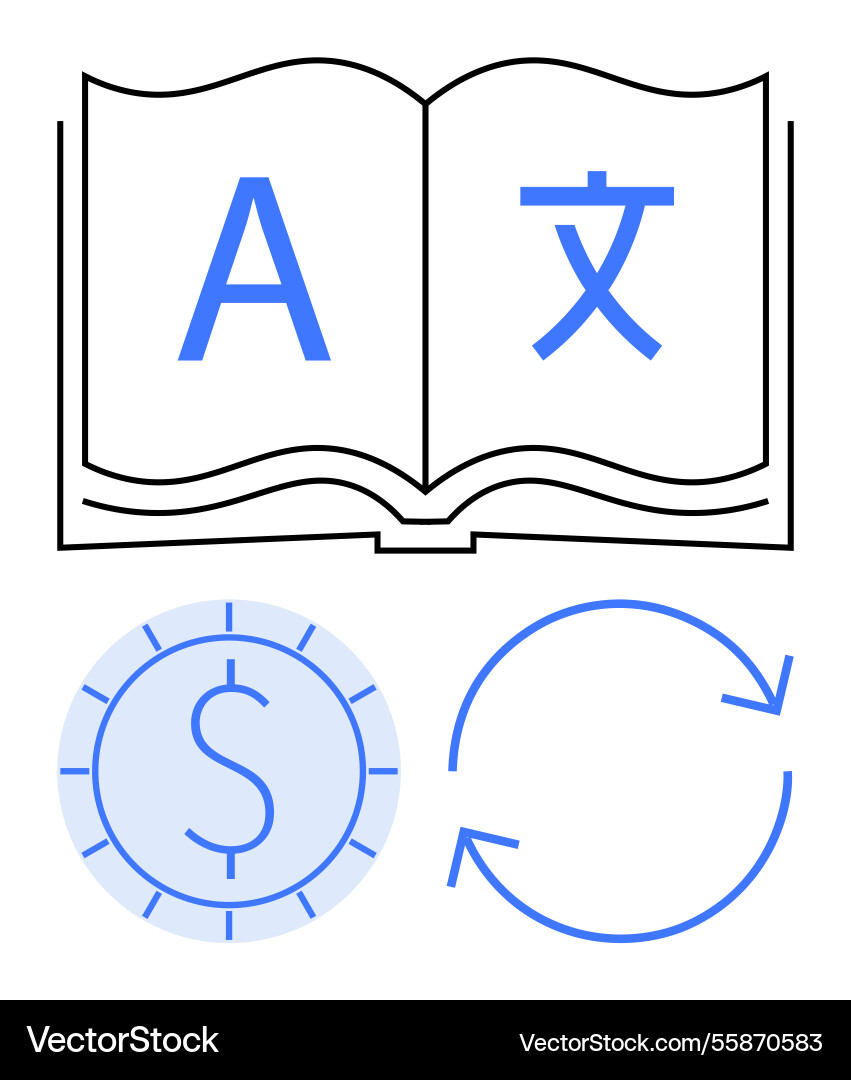 Language learning concept with open book currency Language learning concept with open book currency vector image