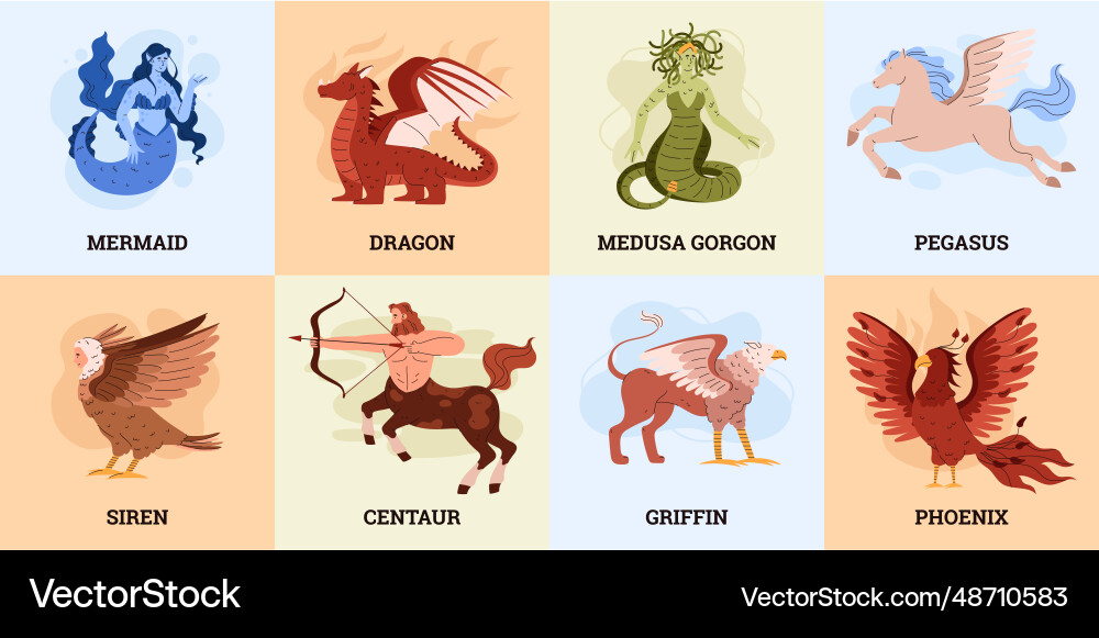 Mythical creature cards set cartoon flat Mythical creature cards set cartoon flat vector image
