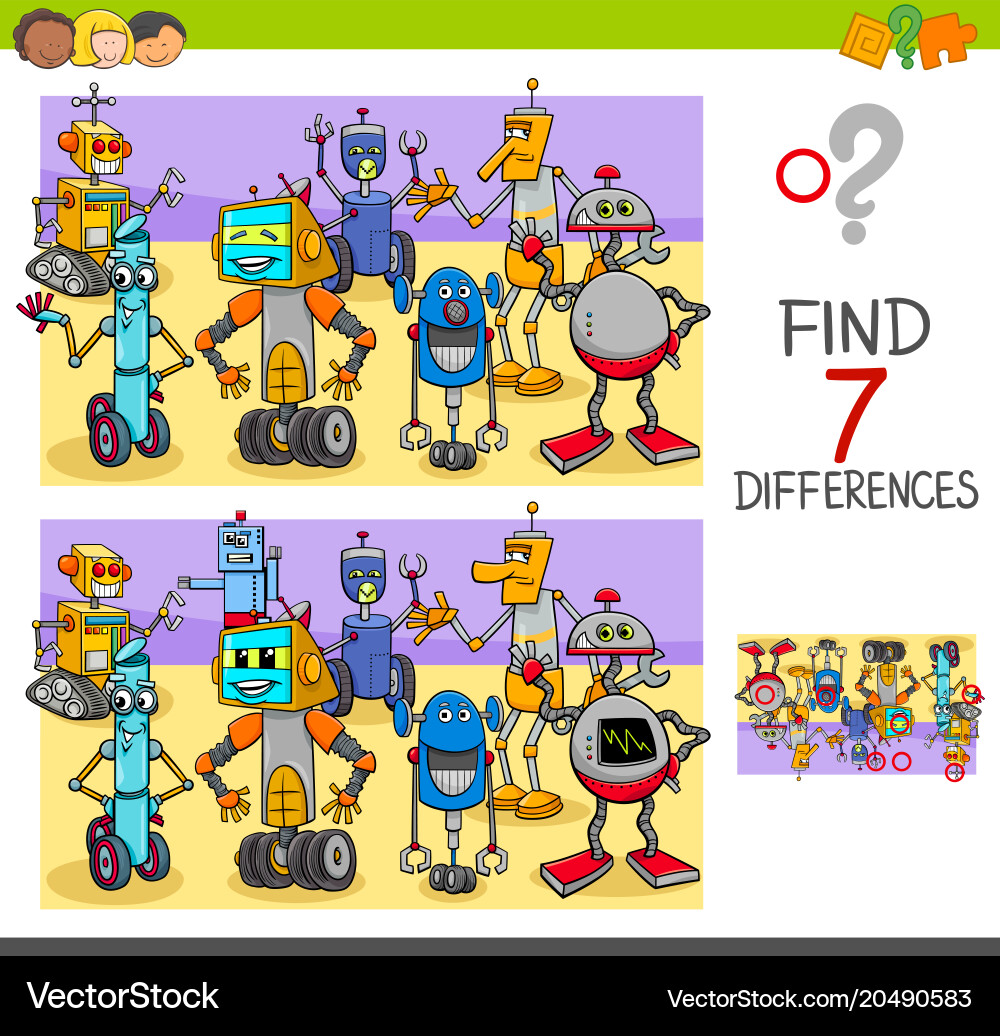 Robot Differences Game - Spot the 7 Differences Vector Image