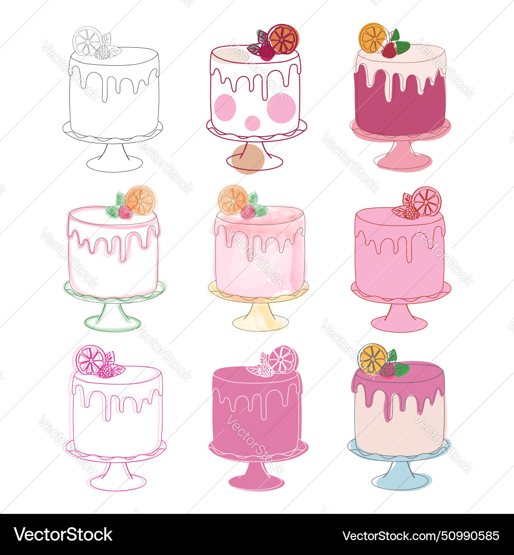 Assorted cakes displayed on white background Vector Image