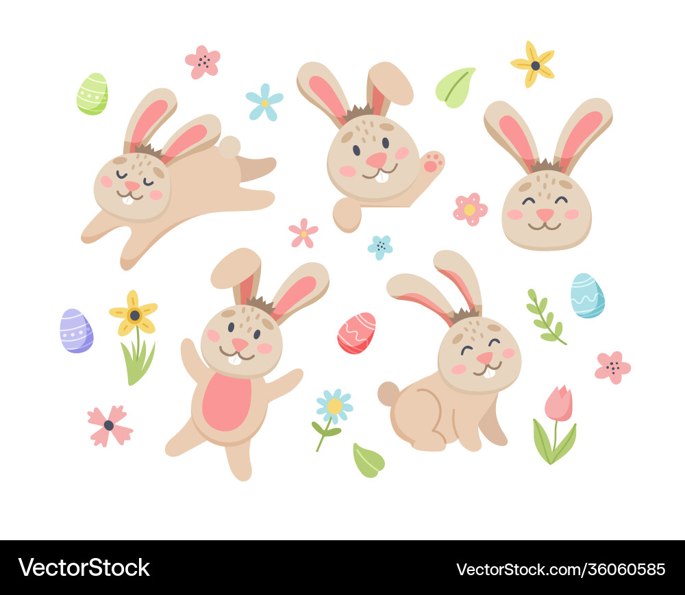 Easter bunny set with cute flowers and eggs hand Easter bunny set with cute flowers and eggs hand vector image
