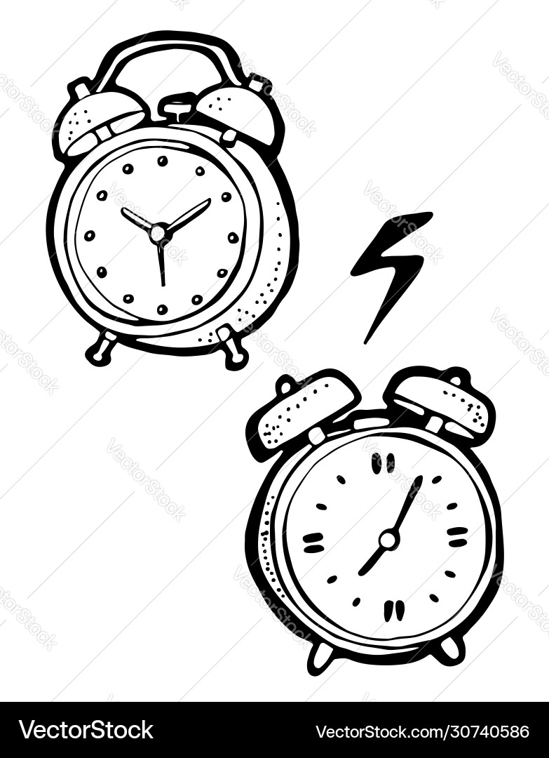 Alarm clock hand drawn clocks set in retro style Alarm clock hand drawn clocks set in retro style vector image