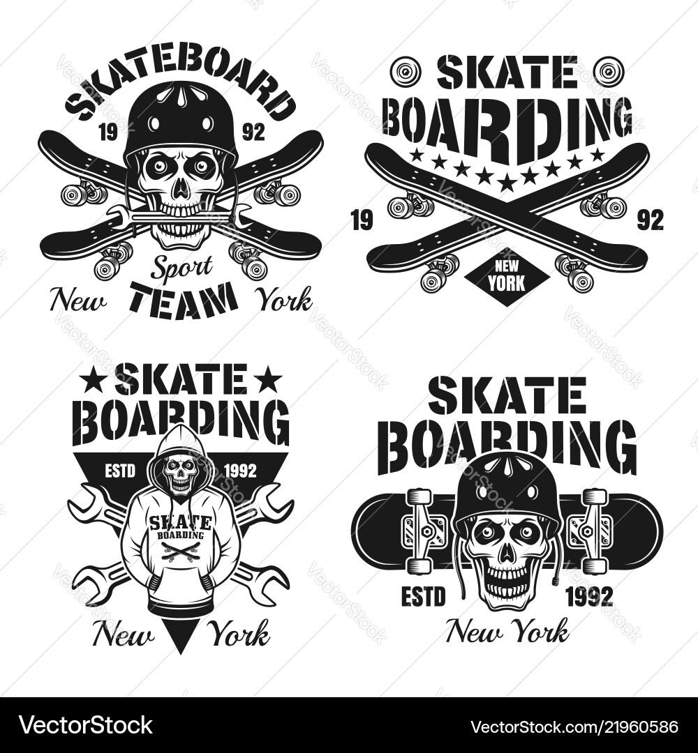 Skateboarding-Set von vier isolierten Emblemen Skateboarding-Set von vier isolierten Emblemen vektorbild