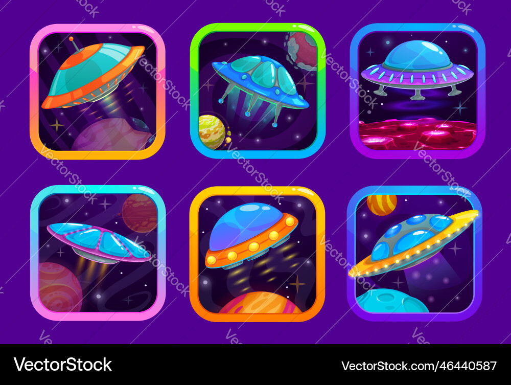 Cartoon space game app icons with ufo spaceships Cartoon space game app icons with ufo spaceships vector image