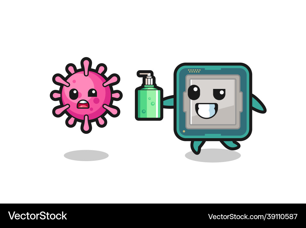 Processor character chasing evil virus with hand Processor character chasing evil virus with hand vector image
