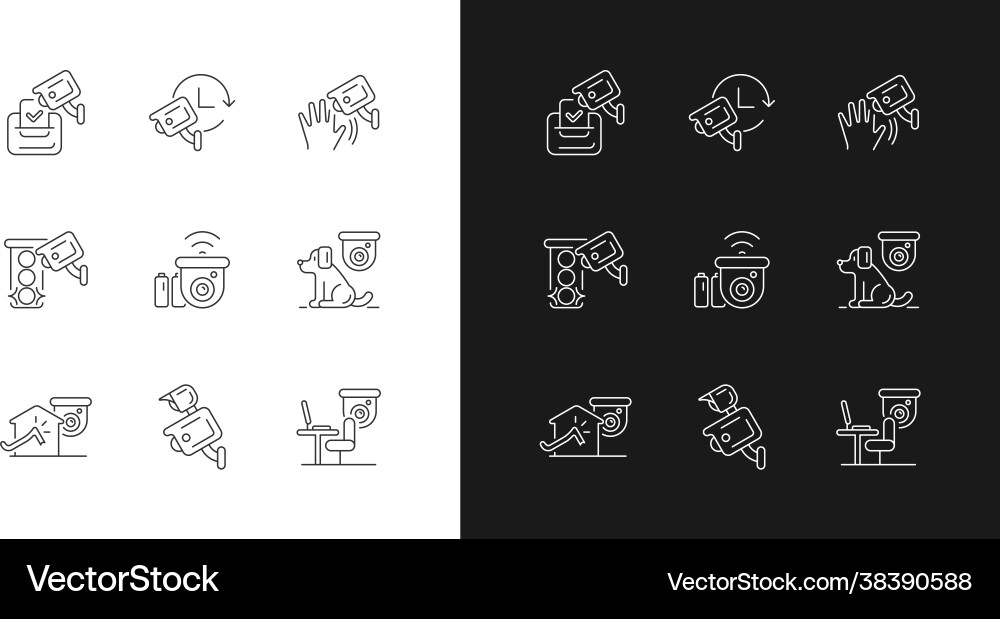 Surveillance camera usage linear icons set Surveillance camera usage linear icons set Vector Image
