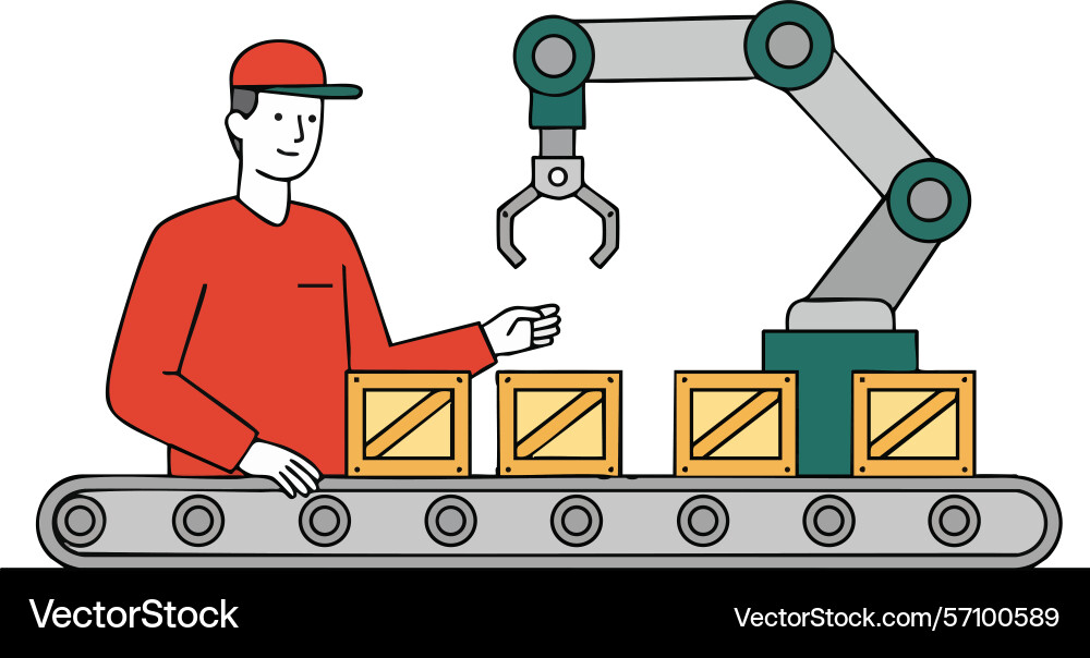 Factory worker operating robotic arm loading Vector Image
