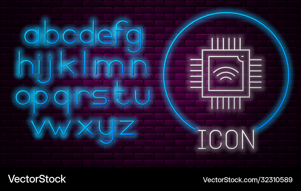 Glowing neon line computer processor Glowing neon line computer processor vector image