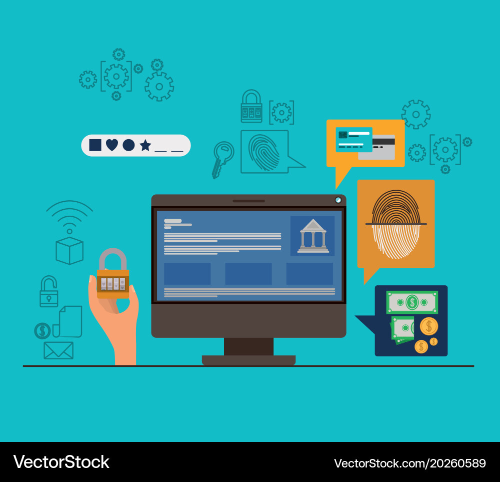 Mobile Sicherheit mit Desktop-Computer und sicher vektorbild