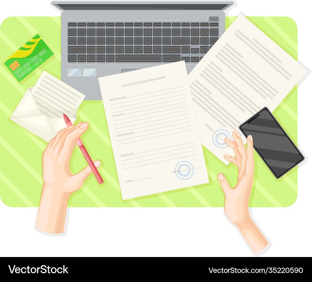 Above office desk layout with human hands signing Above office desk layout with human hands signing vector image