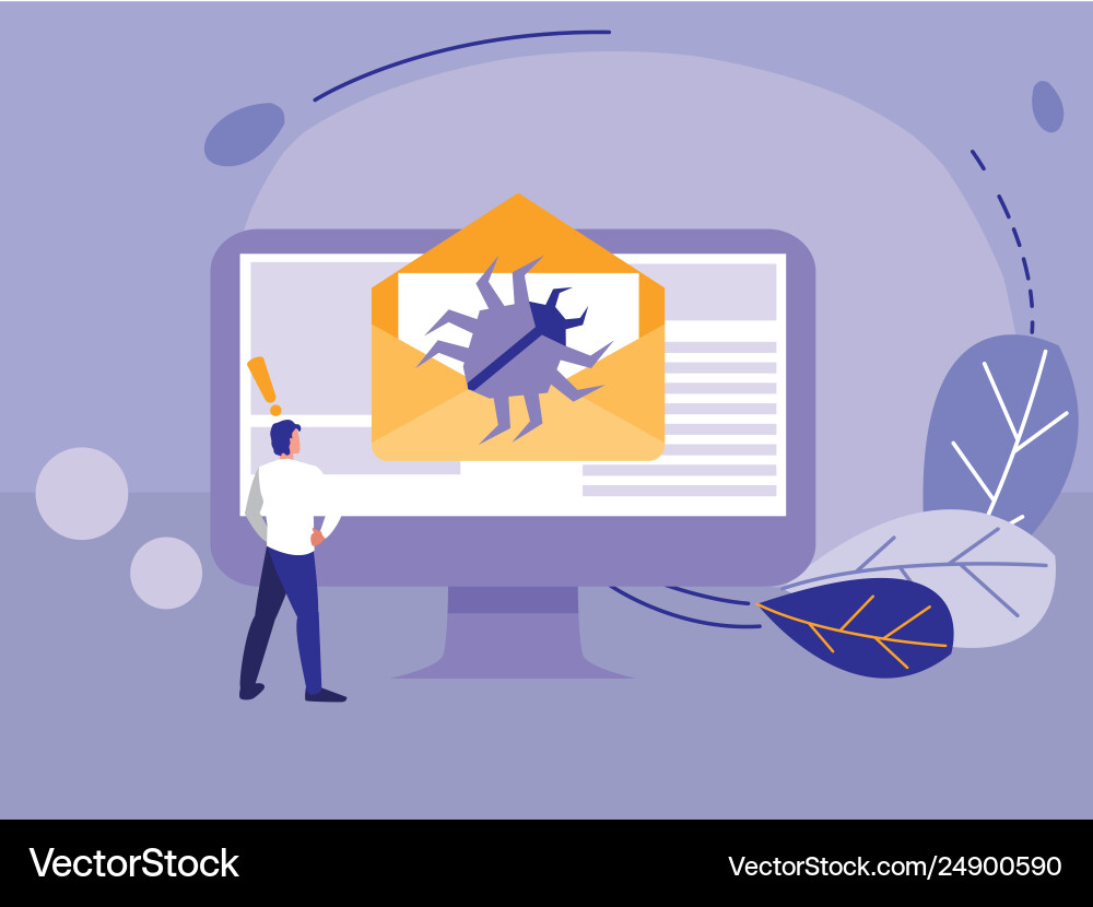 Mann mit Desktop mit Bug in E-Mail Mann mit Desktop mit Bug in E-Mail vektorbild