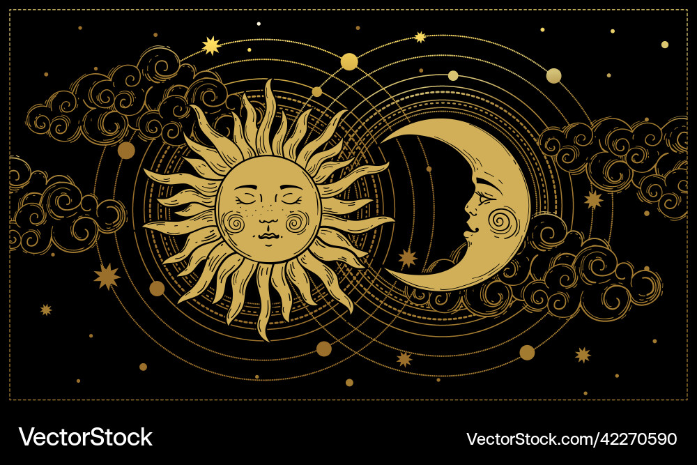 Mystical sky boho banner golden sun and moon Mystical sky boho banner golden sun and moon vector image