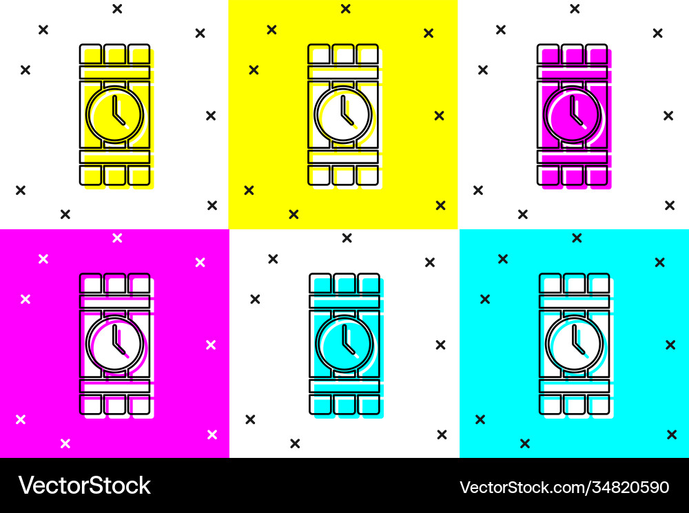 Set detonate dynamite bomb stick and timer clock Set detonate dynamite bomb stick and timer clock vector image