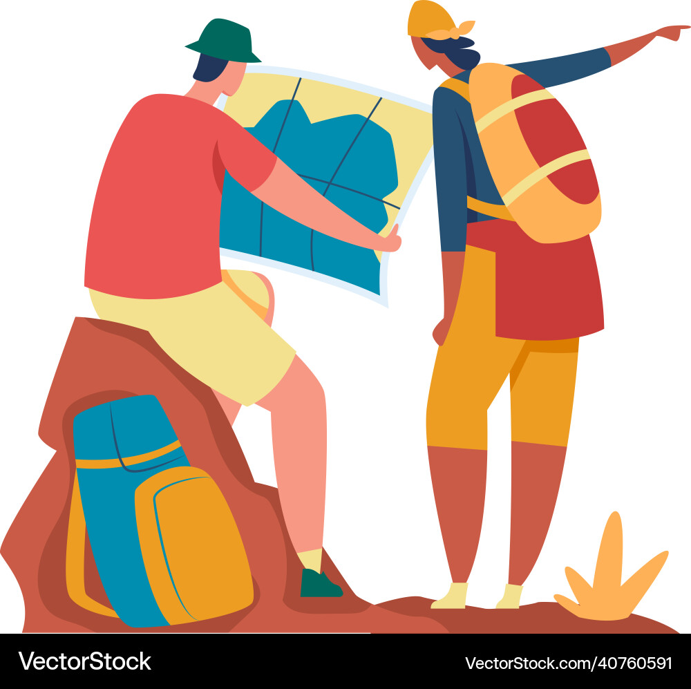 Tourists search route or right way using map Tourists search route or right way using map Vector Image