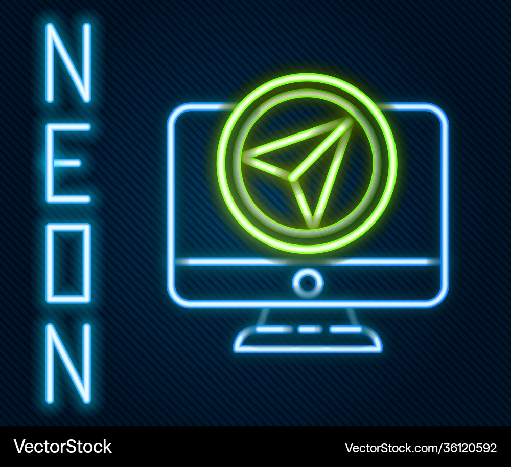 Glowing neon line computer monitor and folded map Glowing neon line computer monitor and folded map vector image