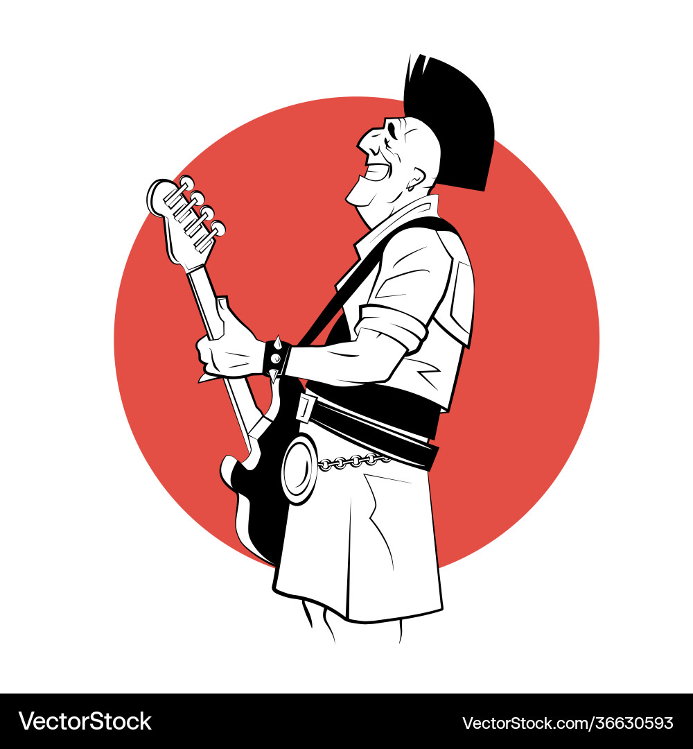 Old rocker with electric guitar on red background Vector Image