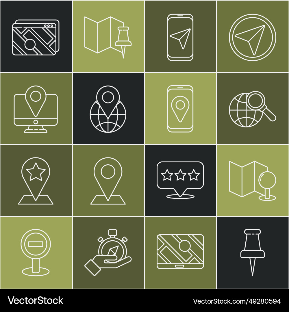 Set line push pin folded map with magnifying Vector Image