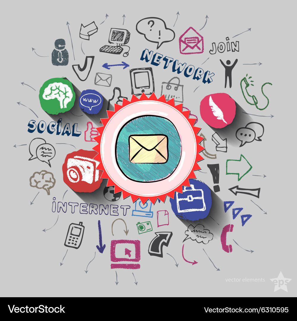 Envelope and collage with web icons background vector image