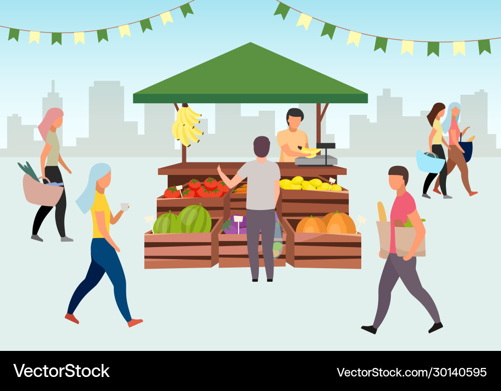 Food street market flat man buying farm products Food street market flat man buying farm products vector image