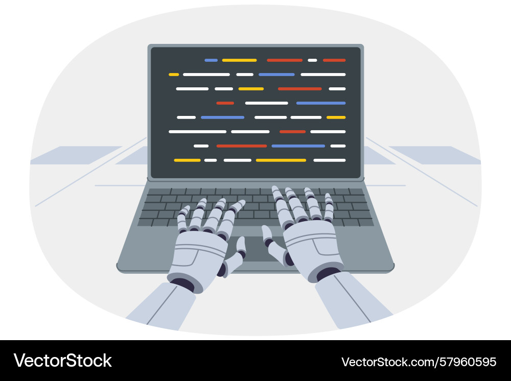 Robot Hands Typing Code on Laptop Vector Image