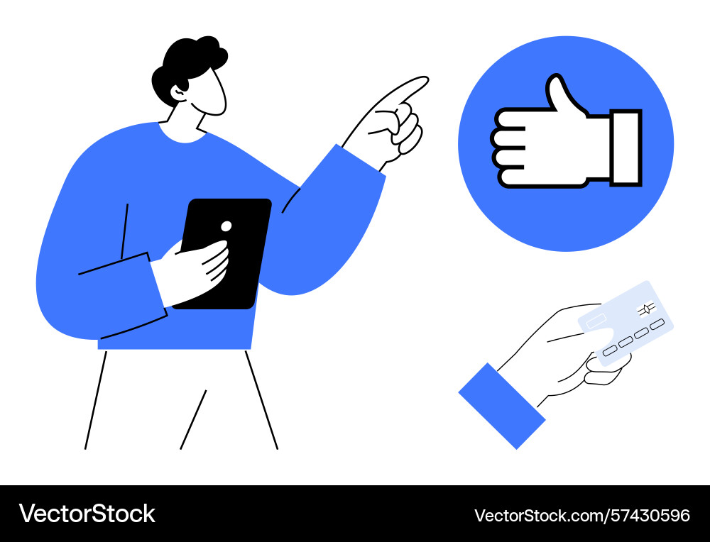 Man holding tablet with approval gesture Man holding tablet with approval gesture Vector Image