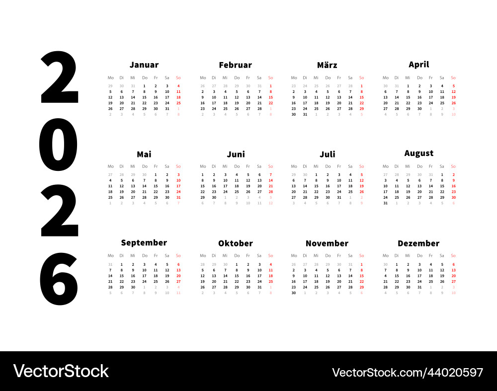  2026 year simple horizontal calendar in german Vector Image Bildidee 